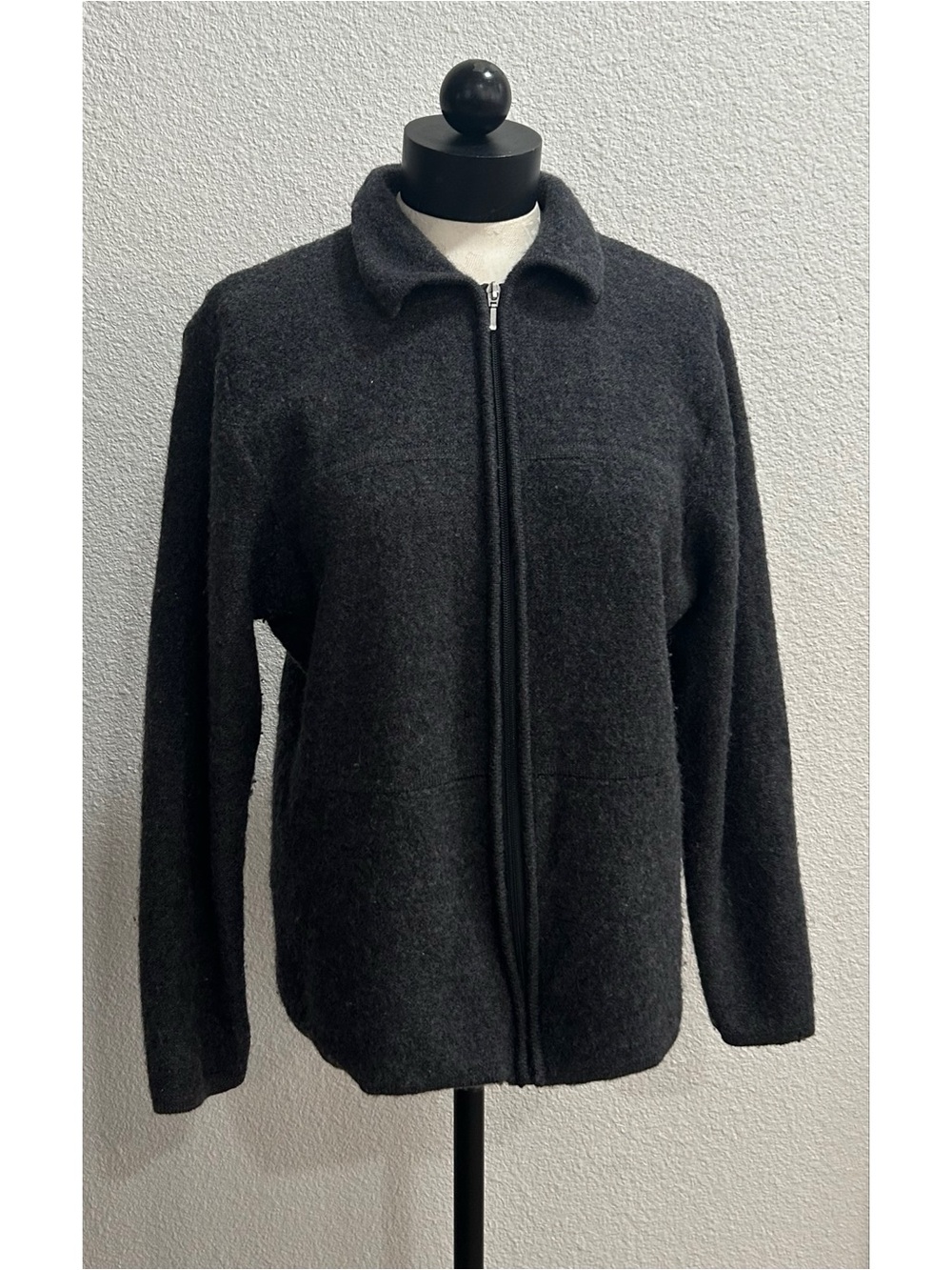 Karen Scott Collared Jacket Women’s Large / 2xl Gray Front Zip Up 100% Pure Wool